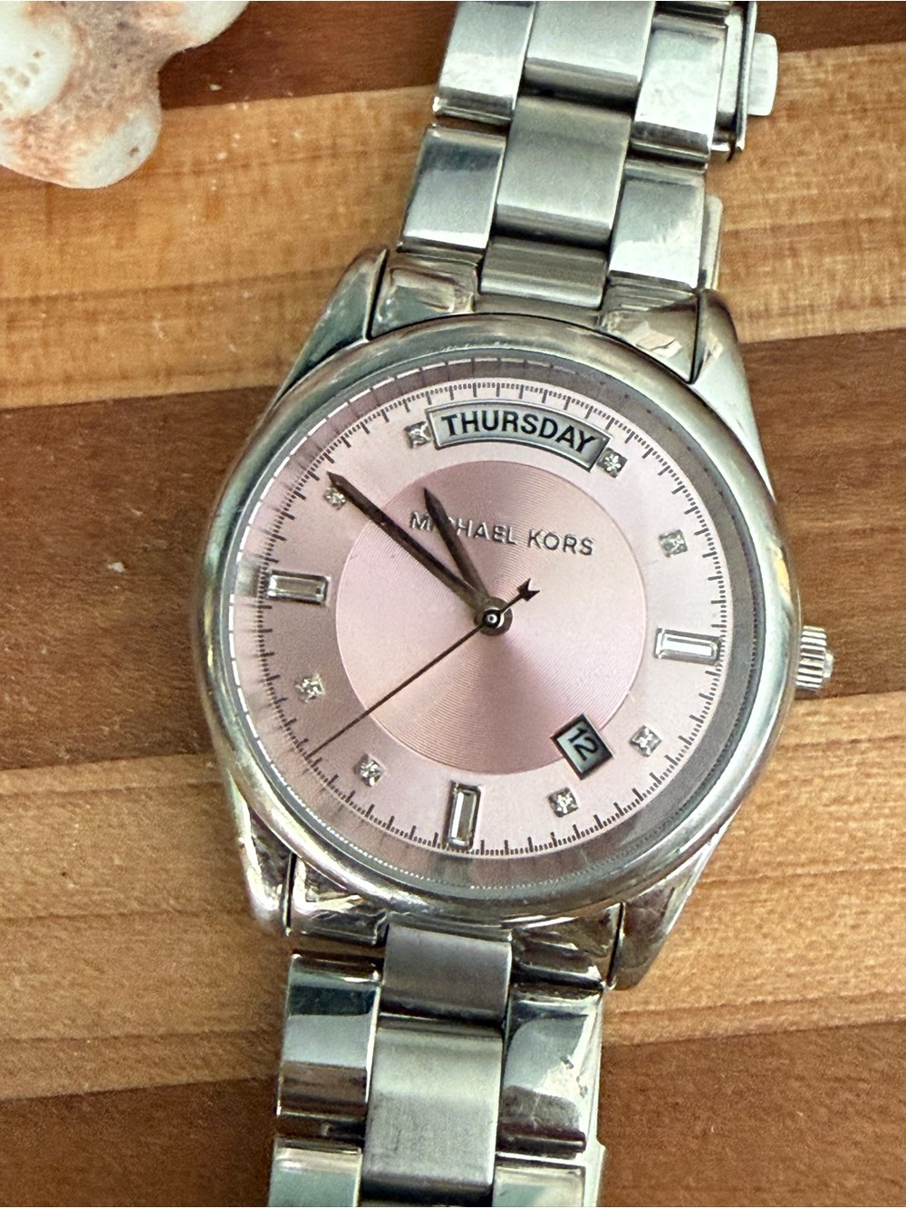 Michael Kors Silver Bracelet Watch with Pink Dial and Day Display
